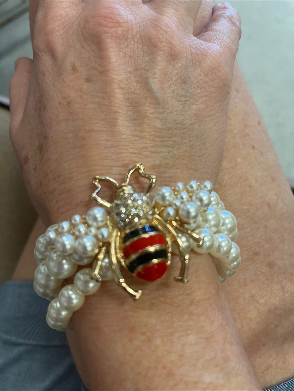 Pearl Multi-Strand Bracelet with Gold Bee Accent - Red & Black Enamel